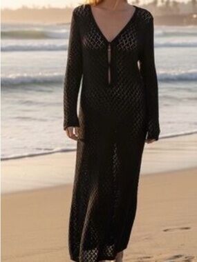 House of Harlow 1960 Black Crochet Knit Maxi Cover Up Dress XS NWT